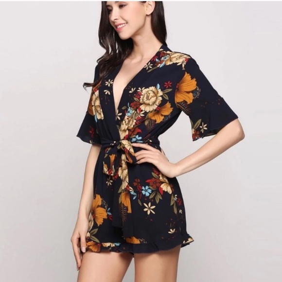 Pants - Navy Floral Romper Jumpsuit Playsuit Size S-M-L